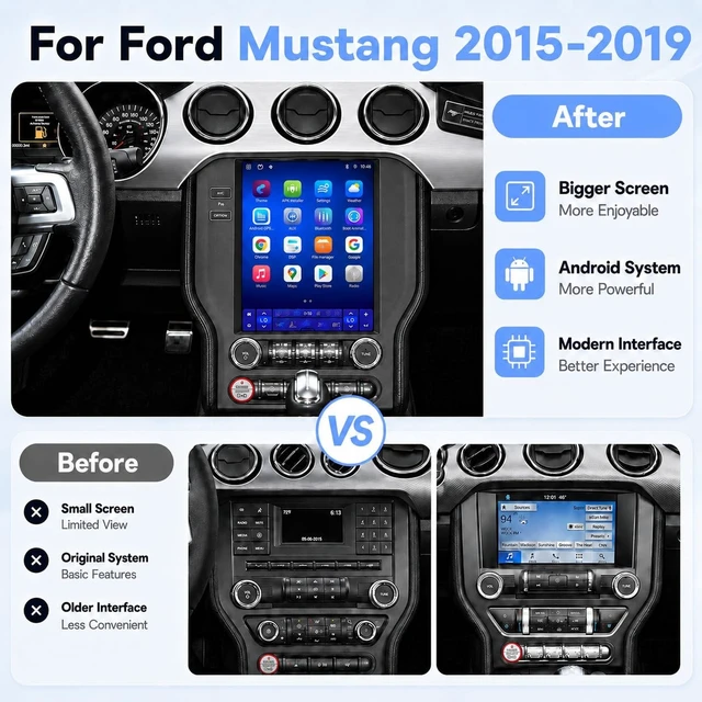 Alt view image 2 of 5 - Car Stereo Radio Upgrade for Ford Mustang 2015-2023, 10.4" QLED Touch Screen and 1080P Backup Camera, Android 13 Head Unit with CarPlay/Android Auto 4GB+64GB