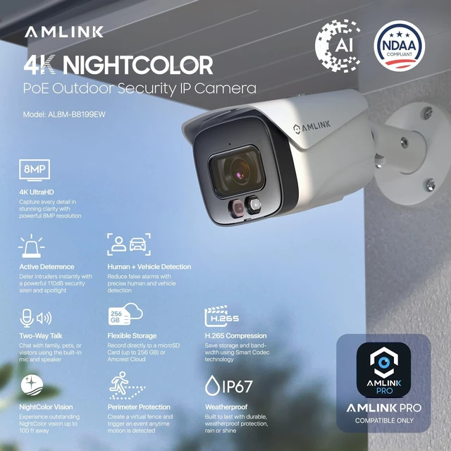 Alt view image 2 of 5 - AMLINK 2-Pack 4K/8MP Security AI IP PoE Camera, Human/Vehicle Detection, NDAA Compliant, Indoor Outdoor Surveillance Bullet, 2-Way Audio, Support 256GB MicroSD, Deterrent, 2PACK-AL8M-B8199EW