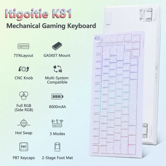 Alt view image 2 of 5 - Itigoitie 75% Wireless Gaming Mechanical Keyboard,Tri-Mode 2.4G/USB-C/BT5.3,8000mAh Hot Swappable Custom Keyboard,Linear Switch,Gasket Mounted,RGB Backlit,PBT Keycaps,CNC Knob for Mac/Win/Andro