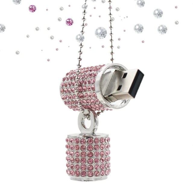 Alt view image 4 of 5 - WooTeck 128GB USB 3.0 Flash Drive,Bling Rhinestone Diamond Crystal Glitter Lipstick Case Shining Jewelry with Necklace,Pink