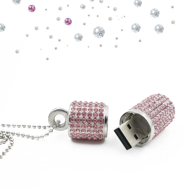 Alt view image 5 of 5 - WooTeck 128GB USB 3.0 Flash Drive,Bling Rhinestone Diamond Crystal Glitter Lipstick Case Shining Jewelry with Necklace,Pink