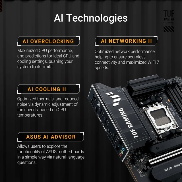 Alt view image 2 of 5 - TUF Gaming X870E-PLUS WIFI7 AMD X870E ATX Motherboard with 16+2+1 80A Power Stages, DDR5 Support with AEMP, PCIe 5.0 x16 with PCIe Slot Q-Release Slim, Four M.2 Slots, WiFi 7 with ASUS WiFi Q-Ant