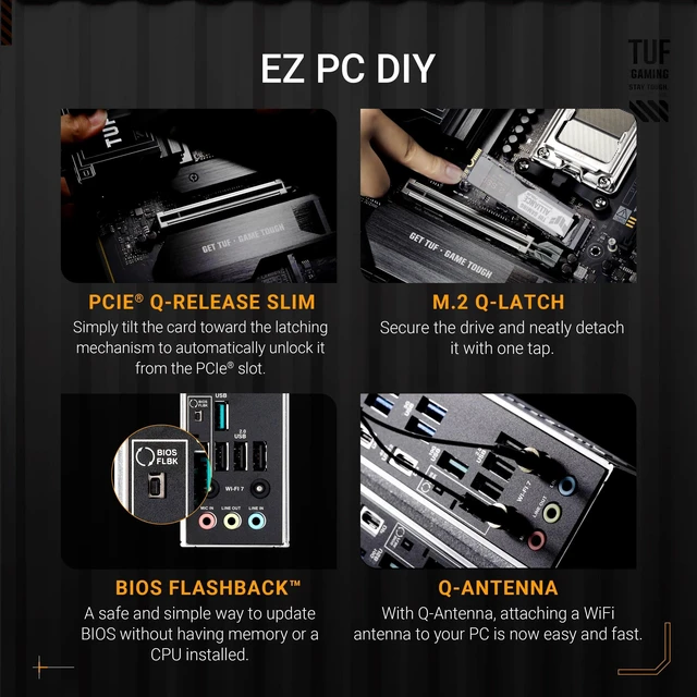 Alt view image 4 of 5 - TUF Gaming X870E-PLUS WIFI7 AMD X870E ATX Motherboard with 16+2+1 80A Power Stages, DDR5 Support with AEMP, PCIe 5.0 x16 with PCIe Slot Q-Release Slim, Four M.2 Slots, WiFi 7 with ASUS WiFi Q-Ant