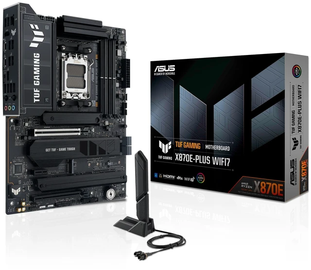 Main image of TUF Gaming X870E-PLUS WIFI7 AMD X870E ATX Motherboard with 16+2+1 80A Power Stages, DDR5 Support with AEMP, PCIe 5.0 x16 with PCIe Slot Q-Release Slim, Four M.2 Slots, WiFi 7 with ASUS WiFi Q-Ant