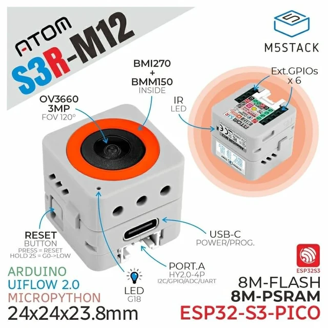 Alt view image 2 of 5 - M5Stack AtomS3R Camera Kit M12, ESP32-S3, 3MP OV3660, Wi-Fi, 8MB Flash, 8MB PSRAM, USB OTG, Model C126-M12