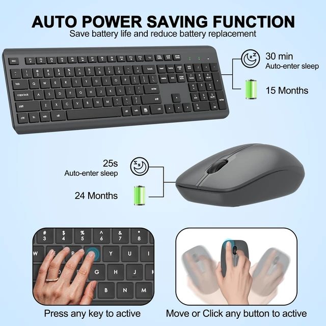 Alt view image 3 of 5 - Wireless Keyboard and Mouse Combo, Full-Size Silent Ergonomic Keyboard and Optical Mouse, Long Battery Life, 2.4G Lag-Free Mice Keyboard for Computer,Mac,Laptop,PC,Windows(Gray)