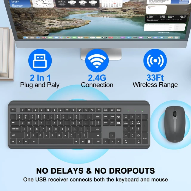 Alt view image 2 of 5 - Wireless Keyboard and Mouse Combo, Full-Size Silent Ergonomic Keyboard and Optical Mouse, Long Battery Life, 2.4G Lag-Free Mice Keyboard for Computer,Mac,Laptop,PC,Windows(Gray)