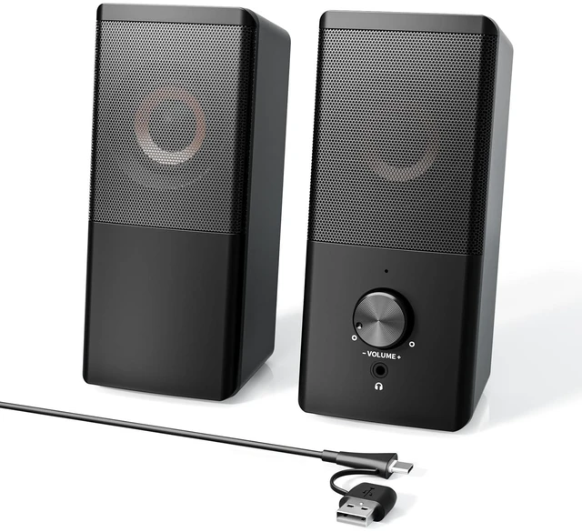 Main image of HEGMUXCO Wired Computer Speakers for Desktop PC, USB-A/USB-C Powered 2.0 Stereo Desktop Speakers with Volume Control, 3.5mm Headphone Jack for Laptop, Monitor, Home Office and Gaming, Black