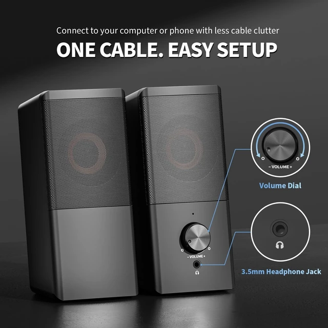 Alt view image 3 of 5 - HEGMUXCO Wired Computer Speakers for Desktop PC, USB-A/USB-C Powered 2.0 Stereo Desktop Speakers with Volume Control, 3.5mm Headphone Jack for Laptop, Monitor, Home Office and Gaming, Black