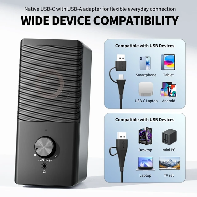 Alt view image 5 of 5 - HEGMUXCO Wired Computer Speakers for Desktop PC, USB-A/USB-C Powered 2.0 Stereo Desktop Speakers with Volume Control, 3.5mm Headphone Jack for Laptop, Monitor, Home Office and Gaming, Black