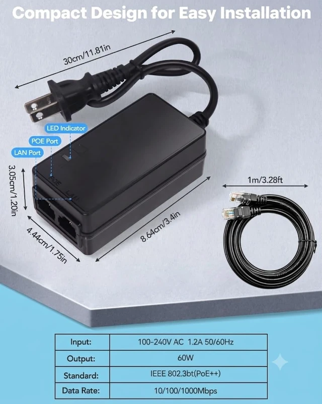 Alt view image 4 of 5 - 60W Gigabit PoE++ Injector Adapter, 328ft Power Over Ethernet for AP