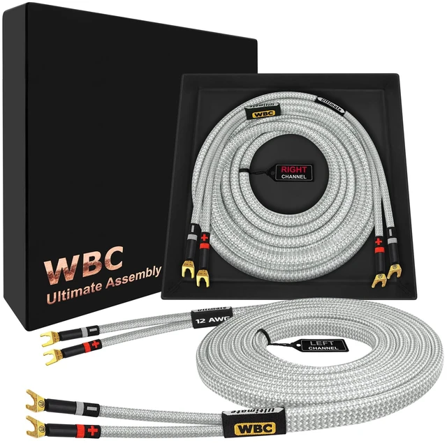 Main image of WORLDS BEST CABLES 8 Foot Ultimate - 12 AWG - Ultra-Pure OFC - Premium Audiophile HiFi Speaker Cable Pair with Eminence Spade Plugs & Silver Tweed Jacket