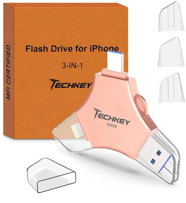 Main image of MFi Certified Flash Drive for iPhone iPad 256GB, 3in1 External Memory Photo Keeper Storage Stick for Picture/Video/Data Saver/Backup, USB 3.0 High Speed Thumb/Jump/Hard Drives USB Port Cards -Rose