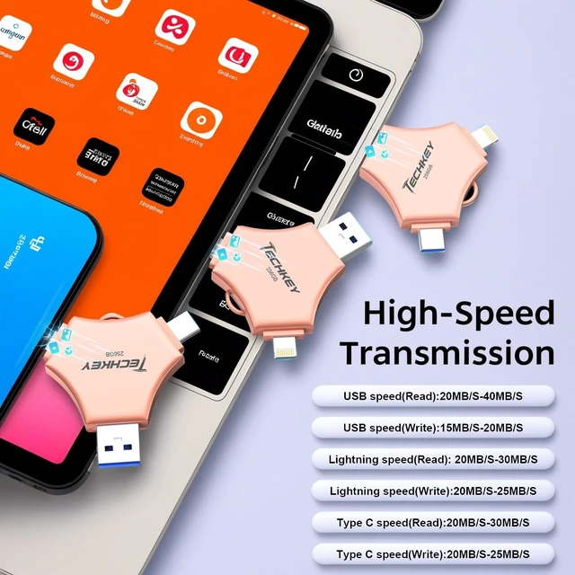 Alt view image 5 of 5 - MFi Certified Flash Drive for iPhone iPad 256GB, 3in1 External Memory Photo Keeper Storage Stick for Picture/Video/Data Saver/Backup, USB 3.0 High Speed Thumb/Jump/Hard Drives USB Port Cards -Rose