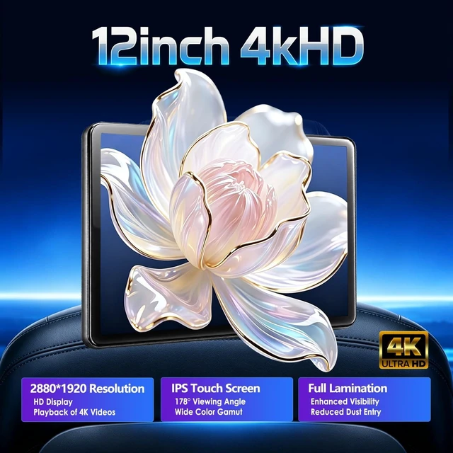 Alt view image 2 of 5 - 12 inch 4K Android 16 Car TV Headrest Monitor for Cars Back seat Rear Entertainment System, Support Wireless Phone Link Touch Screen,with WiFi/Bluetooth/HDMI/USB/Video Player 4G+64G 8core (1PCs