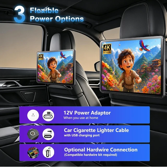 Alt view image 4 of 5 - 12 inch 4K Android 16 Car TV Headrest Monitor for Cars Back seat Rear Entertainment System, Support Wireless Phone Link Touch Screen,with WiFi/Bluetooth/HDMI/USB/Video Player 4G+64G 8core (1PCs