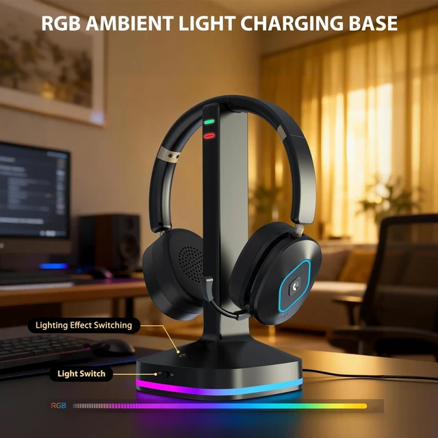 Alt view image 5 of 5 - Bluetooth Headset with Microphone, Wireless Headset AI Noise Cancelling Mic, Dual-Mode Bluetooth 6.0 & 2.4G Dongle, Wireless Headphones for 45H Work RGB/HUB Base, Meeting/Office/PC/Phone