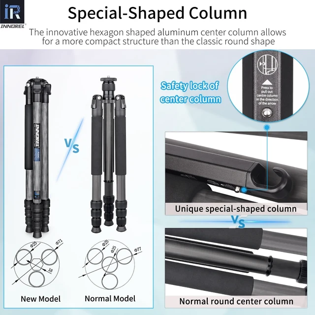 Alt view image 4 of 5 - Carbon Fiber Tripod INNOREL P254C 62.5 Compact Lightweight Tripod & Monopod for DSLR Camera Stand Support with Low Gravity Center Ball Head Special-Shaped Center Column Max Load 26.5 lbs/12 kg