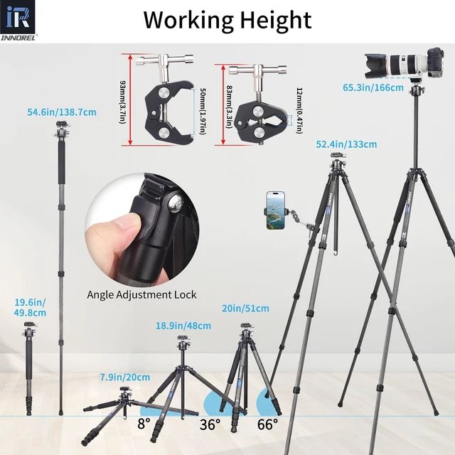 Alt view image 5 of 5 - Carbon Fiber Tripod INNOREL P254C 62.5 Compact Lightweight Tripod & Monopod for DSLR Camera Stand Support with Low Gravity Center Ball Head Special-Shaped Center Column Max Load 26.5 lbs/12 kg