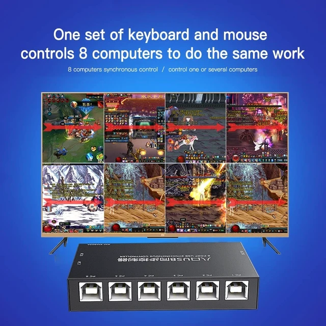 Alt view image 3 of 5 - HXBER 8 Ports USB Synchronizer USB Keyboard Mouse Synchronization Controller KVM Switcher Metal Shell Plug and Play Black
