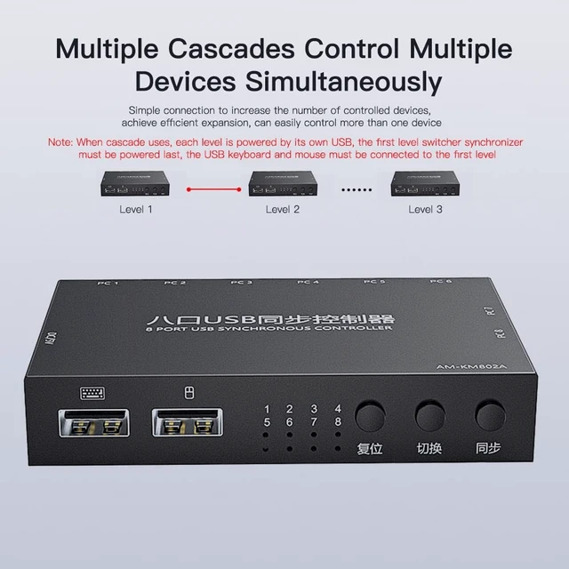 Alt view image 2 of 5 - HXBER 8 Ports USB Synchronizer USB Keyboard Mouse Synchronization Controller KVM Switcher Metal Shell Plug and Play Black
