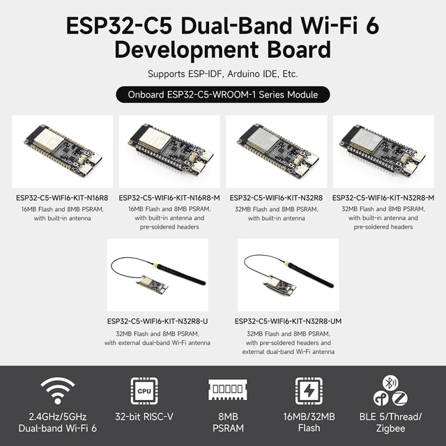 Alt view image 3 of 5 - Waveshare ESP32-C5 Dual-Band Wi-Fi 6 Dev Board, 240MHz RISC-V, ESP32-C5-WROOM-1 Series Module, Multi-Protocol RISC-V MCU, 32MB Flash and 8MB PSRAM, with External Dual-Band Wi-Fi, Pre-soldered Headers