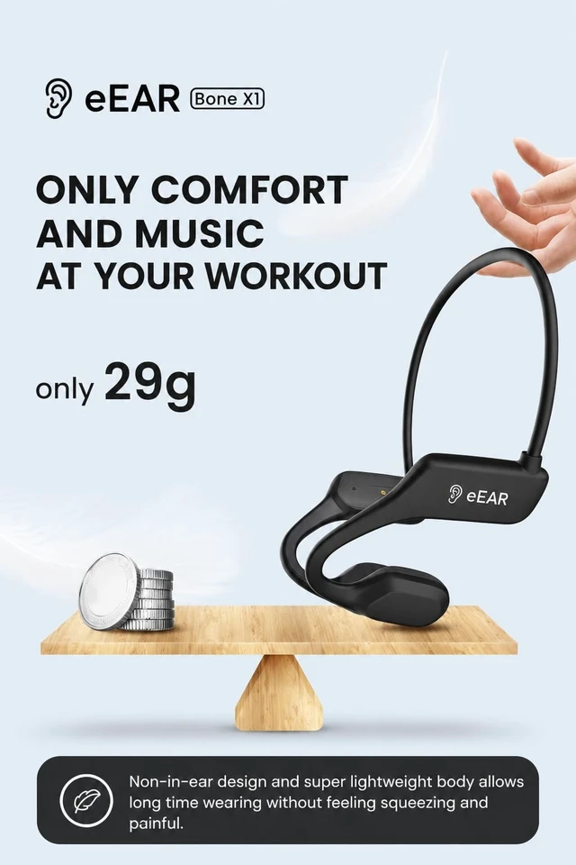 Alt view image 2 of 5 - WLV-TECH ePP-BC-X1 Bone Conduction Bluetooth Headphones, Open-Ear Wireless Sports Headset, Bluetooth 5.3, IPX5 Water Resistant, Lightweight 29g, Magnetic Charging, Black