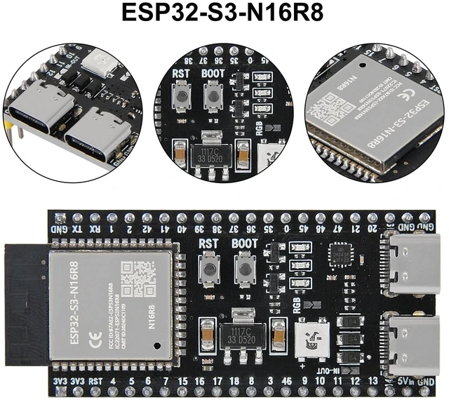 Alt view image 3 of 5 - 3 Set ESP32-S3 N16R8 Kit with 16MB Flash 8MB PSRAM ESP32 S3 Expansion Boards Terminals Cable Compatible with Arduino IDE MicroPython