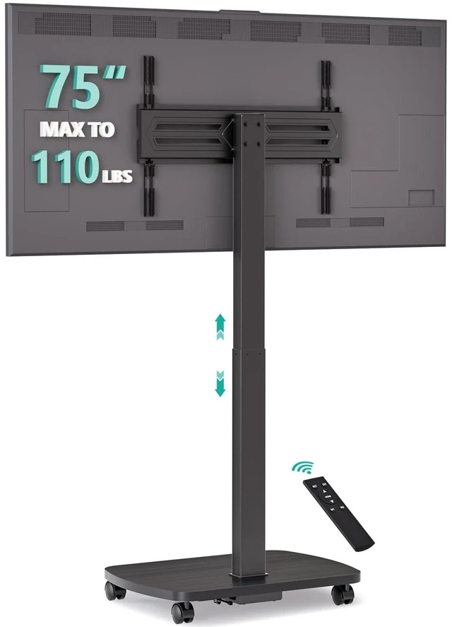 Main image of WALI Motorized Rolling TV Stand Lift on Wheels, Electric Height Adjustable Television Stand Mount with Remote for 33-75 TVs up to 110 lbs, Mobile TV Cart with Wood Base for Bedroom(TVDVD-7ER), Black