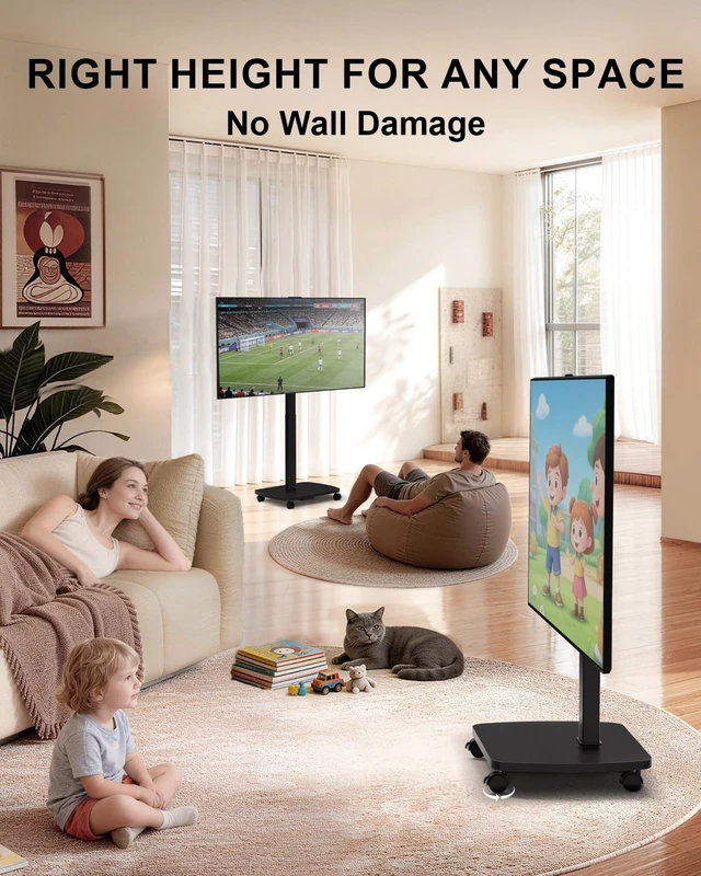 Alt view image 2 of 5 - WALI Motorized Rolling TV Stand Lift on Wheels, Electric Height Adjustable Television Stand Mount with Remote for 33-75 TVs up to 110 lbs, Mobile TV Cart with Wood Base for Bedroom(TVDVD-7ER), Black
