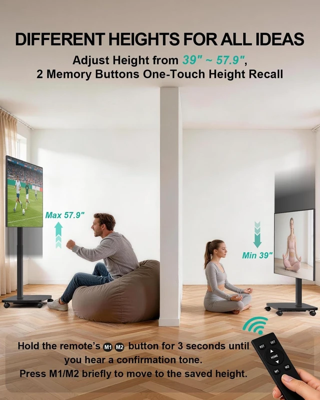 Alt view image 5 of 5 - WALI Motorized Rolling TV Stand Lift on Wheels, Electric Height Adjustable Television Stand Mount with Remote for 33-75 TVs up to 110 lbs, Mobile TV Cart with Wood Base for Bedroom(TVDVD-7ER), Black