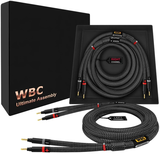 Main image of WORLDS BEST CABLES 8 Foot Ultimate - 7 AWG - Ultra-Pure OFC Extra Premium Audiophile HiFi Speaker Cable Pair with Eminence Gold Banana Plugs & Carbon Tweed Jacket