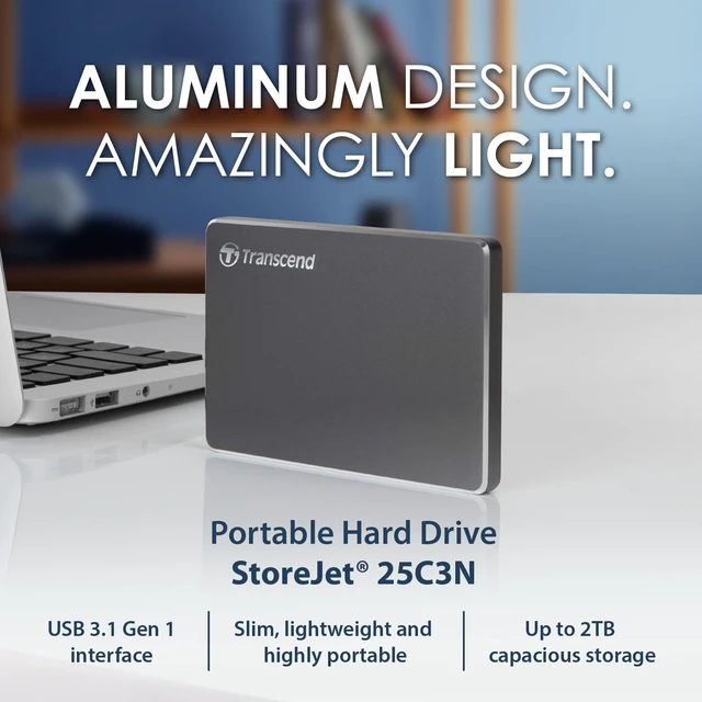 Alt view image 3 of 5 - Transcend 2TB StoreJet 25C3N Portable HDD, Sleek Aluminum Case, Type-A