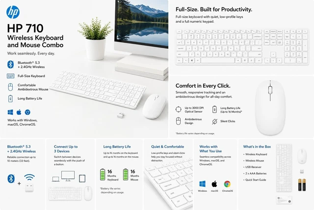 Alt view image 4 of 4 - HP 710 Wireless Keyboard and Mouse Combo, Slim Design with Silent Keys, 2.4GHz Lag-Free Connection, Multi-OS Compatible (Windows, Mac, Chrome) White