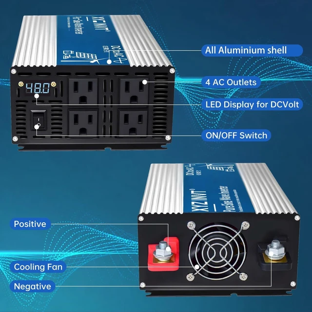 Alt view image 3 of 5 - XYZ INVT 2000W Pure Sine Wave Inverter DC 48V to AC 110V 120V, 4000W Peak Power Inverter with 4 AC Outlets and LED Display for Car, Truck, Solar, Home Off Grid Over 90% Efficiency