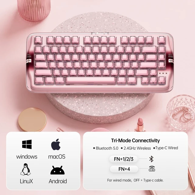 Alt view image 2 of 5 - CoolKiller CK75SE Mechanical Keyboard, 75% Wireless Keyboard with Crystal Jelly Keycaps, RGB Backlit, Hot Swappable Gasket Gaming Keyboard for Windows/Mac, Jelly Pink
