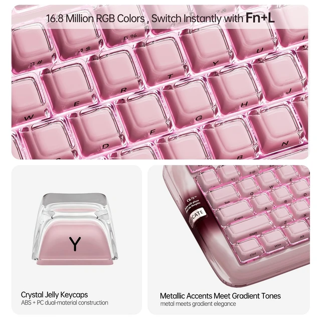 Alt view image 3 of 5 - CoolKiller CK75SE Mechanical Keyboard, 75% Wireless Keyboard with Crystal Jelly Keycaps, RGB Backlit, Hot Swappable Gasket Gaming Keyboard for Windows/Mac, Jelly Pink