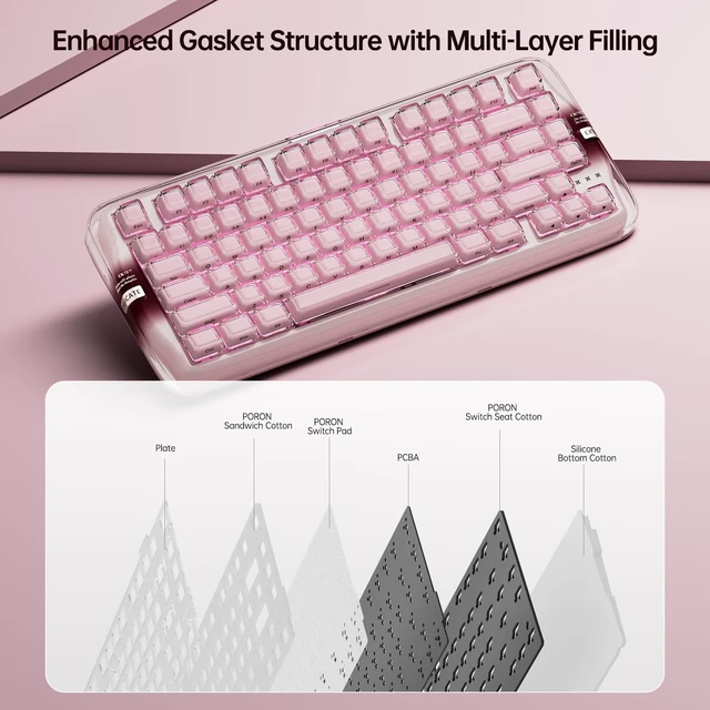 Alt view image 5 of 5 - CoolKiller CK75SE Mechanical Keyboard, 75% Wireless Keyboard with Crystal Jelly Keycaps, RGB Backlit, Hot Swappable Gasket Gaming Keyboard for Windows/Mac, Jelly Pink