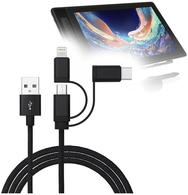 Main image of BoxWave Cable Compatible with Huion Kamvas Pro 13 (2.5K) - AllCharge 3-in-1 Cable - Jet Black