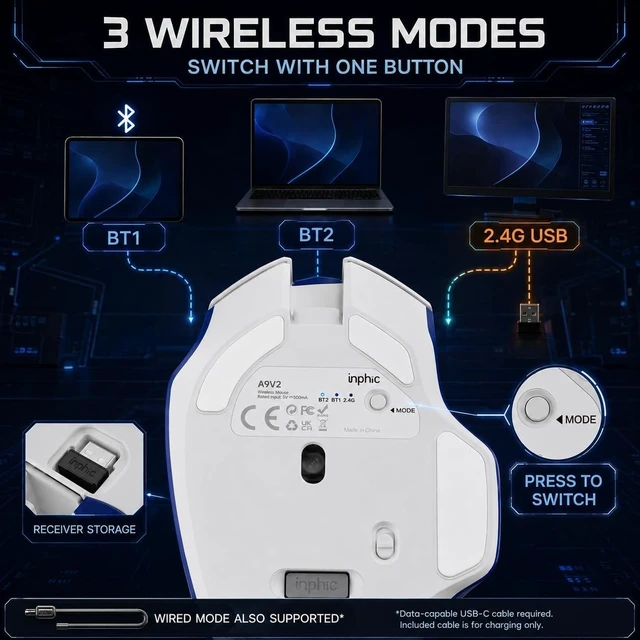 Alt view image 5 of 5 - INPHIC A9 Wireless Gaming Mouse, Rechargeable, 12800 DPI