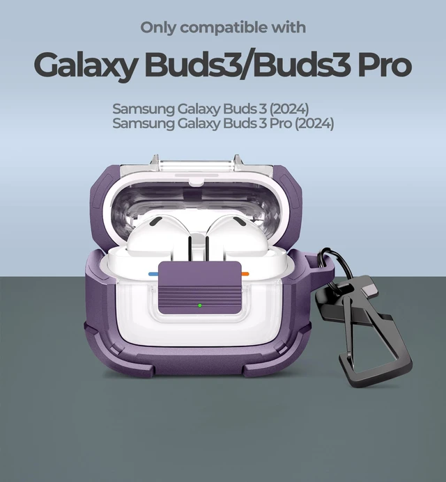 Alt view image 2 of 5 - Dexnor Rugged Bumper Case for Samsung Galaxy Buds3 FE (2025) / Buds3 Pro and Buds3 (2024) Cases with Secure Lock, Shockproof Clear Protective Cover with Carabiner & Keyring Purple