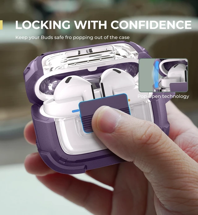 Alt view image 3 of 5 - Dexnor Rugged Bumper Case for Samsung Galaxy Buds3 FE (2025) / Buds3 Pro and Buds3 (2024) Cases with Secure Lock, Shockproof Clear Protective Cover with Carabiner & Keyring Purple