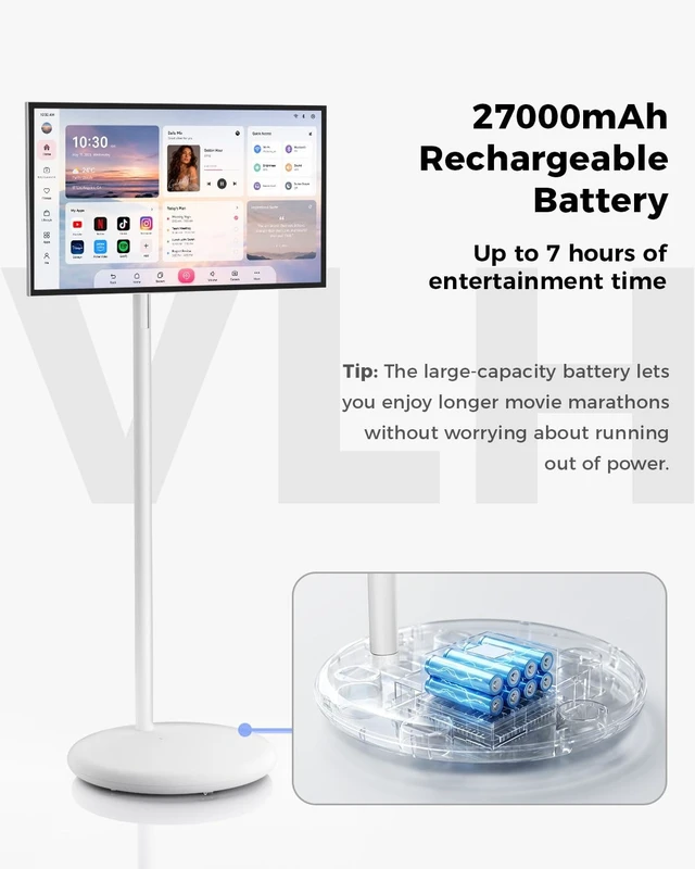 Alt view image 3 of 5 - VLH 27 FHD Touch Screen Rolling TV, Smart Portable TV on Wheels, 6G+128GB, 27000mAh Battery, Android 15 OS, EDLA-Certified, Wireless Tablet TV with Voice Remote Control, Built-in 13MP Camera