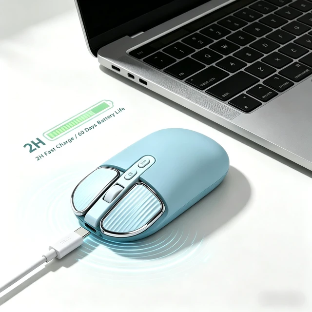 Alt view image 4 of 5 - Dpisuuk Portable Cute Wireless Mouse for Laptop,Dual Mode Bluetooth Noiseless Ergonomic Mouse with USB C Rechargeable & One-Touch Desktop Key (Blue)
