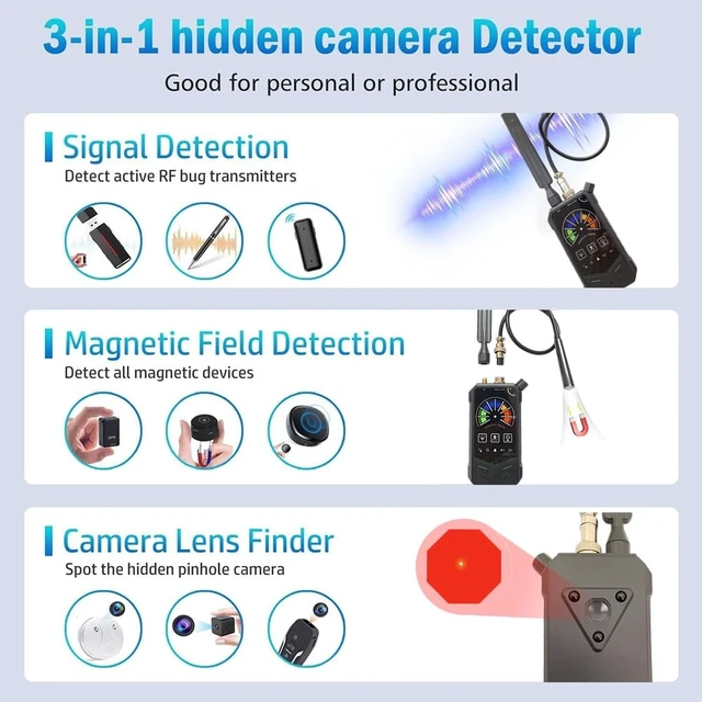 Alt view image 2 of 5 - Small Hidden Camera Detectors, Hidden Devices detectors with AI Auto Scan, Magnetic GPS Tracker/Bug Detectors, Listening Device Detector, Infrared Camera Finder, LED Display