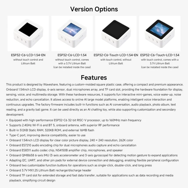 Alt view image 4 of 5 - Waveshare ESP32-C6 1.54inch LCD Display Development Board, 240 240 Resolution, 262K Color, Supports Dual Microphones, 2.4GHz Wi-Fi 6 and BLE 5, No Batt