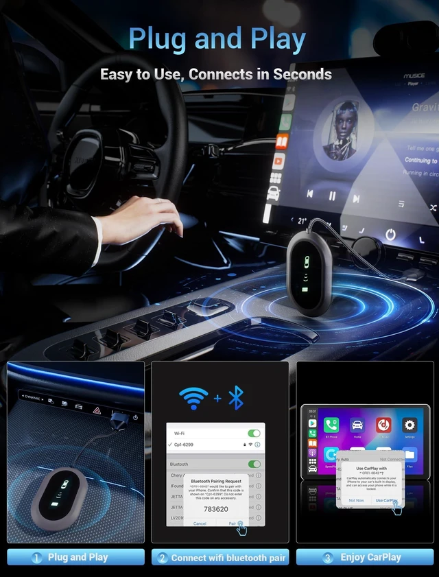Alt view image 2 of 5 - Wireless CarPlay Adapter for Apple iPhone, Screen Mirror iOS 10+ for Car