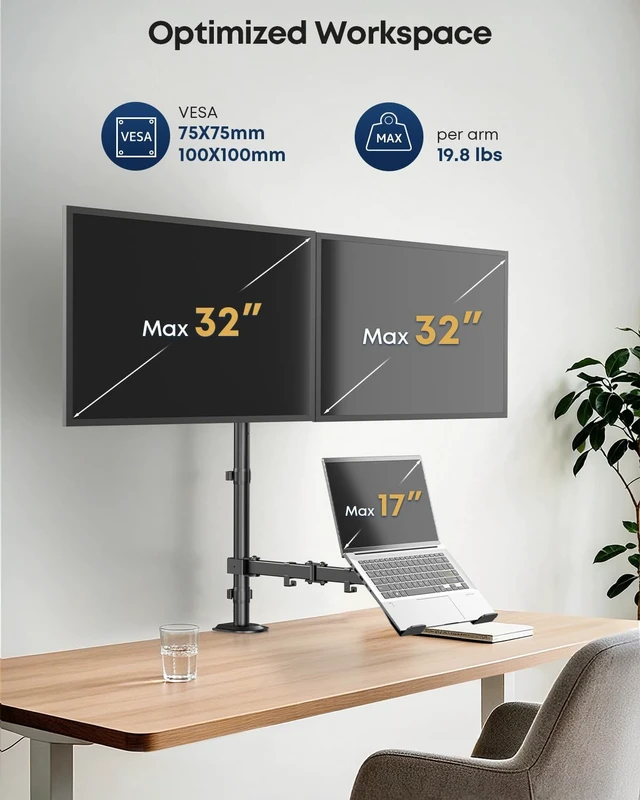 Alt view image 2 of 5 - Dual Monitor and Laptop Desk Mount fits 17-32 Inch, Full Motion