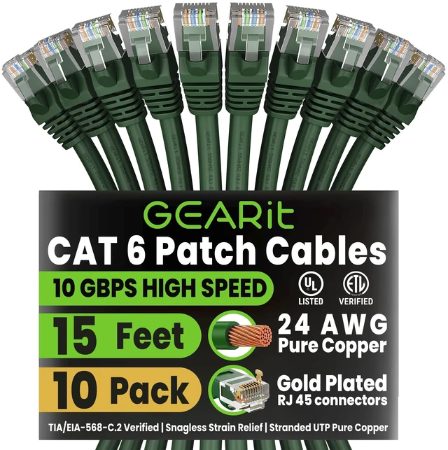 Main image of GEARit Cat6 Patch Cables Cat 6 Ethernet Cable 15 ft 10-Pack Green