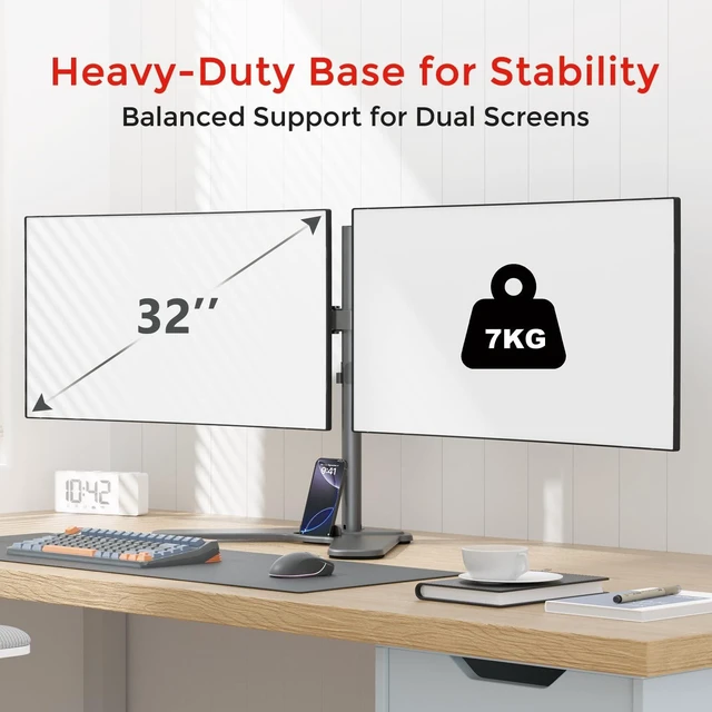 Alt view image 4 of 5 - Suptek Free-Standing Dual Monitor Desk Mount, Full Motion Stand for 2 Monitors up to 32" 15.4lbs Each, Height Adjustable Swivel Tilt 360 Rotation, VESA Compatible with Phone Slot, Black